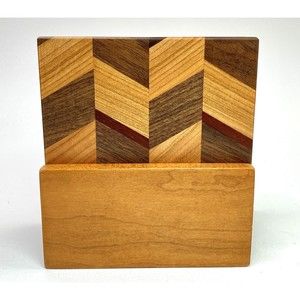 Set Of 4 Handmade Chevron Laminated Pattern Wood Coasters With Stand 4"